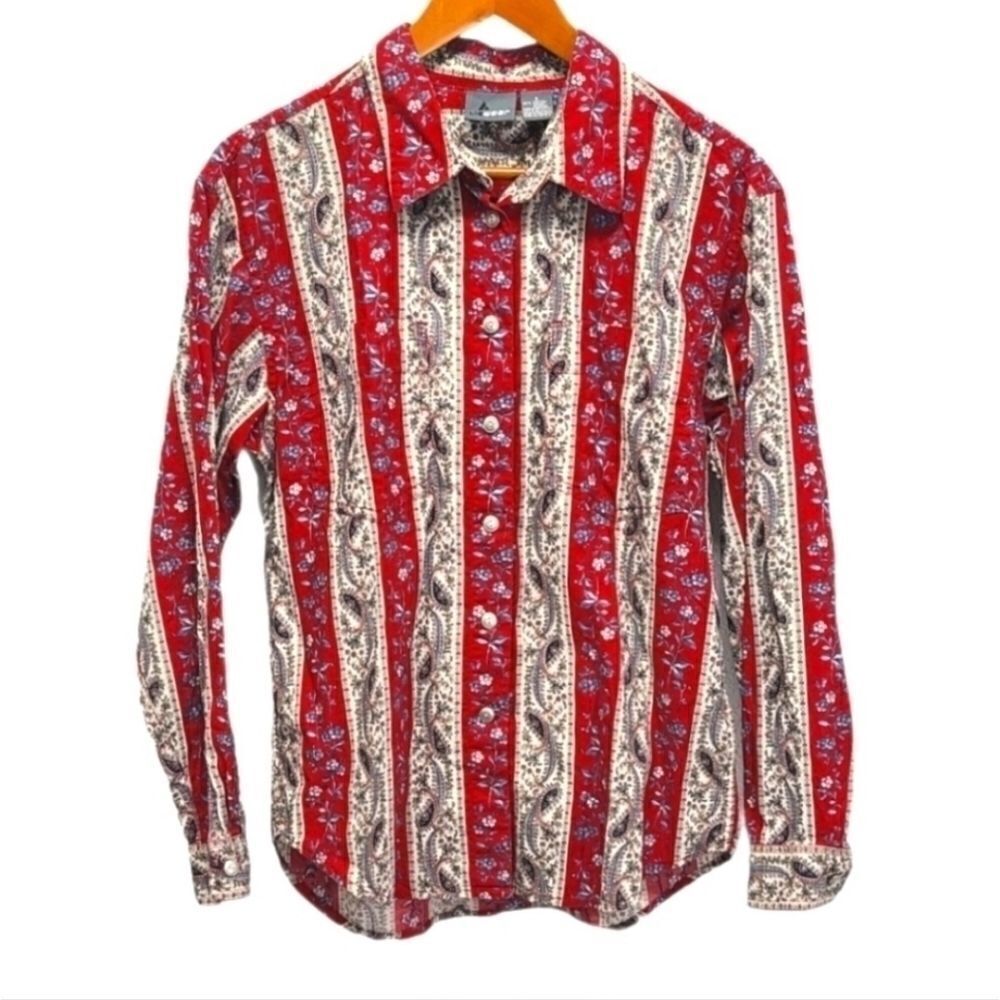 Liz Wear Casual Button Down Striped Floral Shirt Size Small